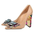 thumbnail image 4 of YDN Women Butterfly Studded Pointed Toe Pumps Slip on Crystal Chunky High Heels Shiny Party Dance Date Shoes Size 9.5 Nude, 4 of 4