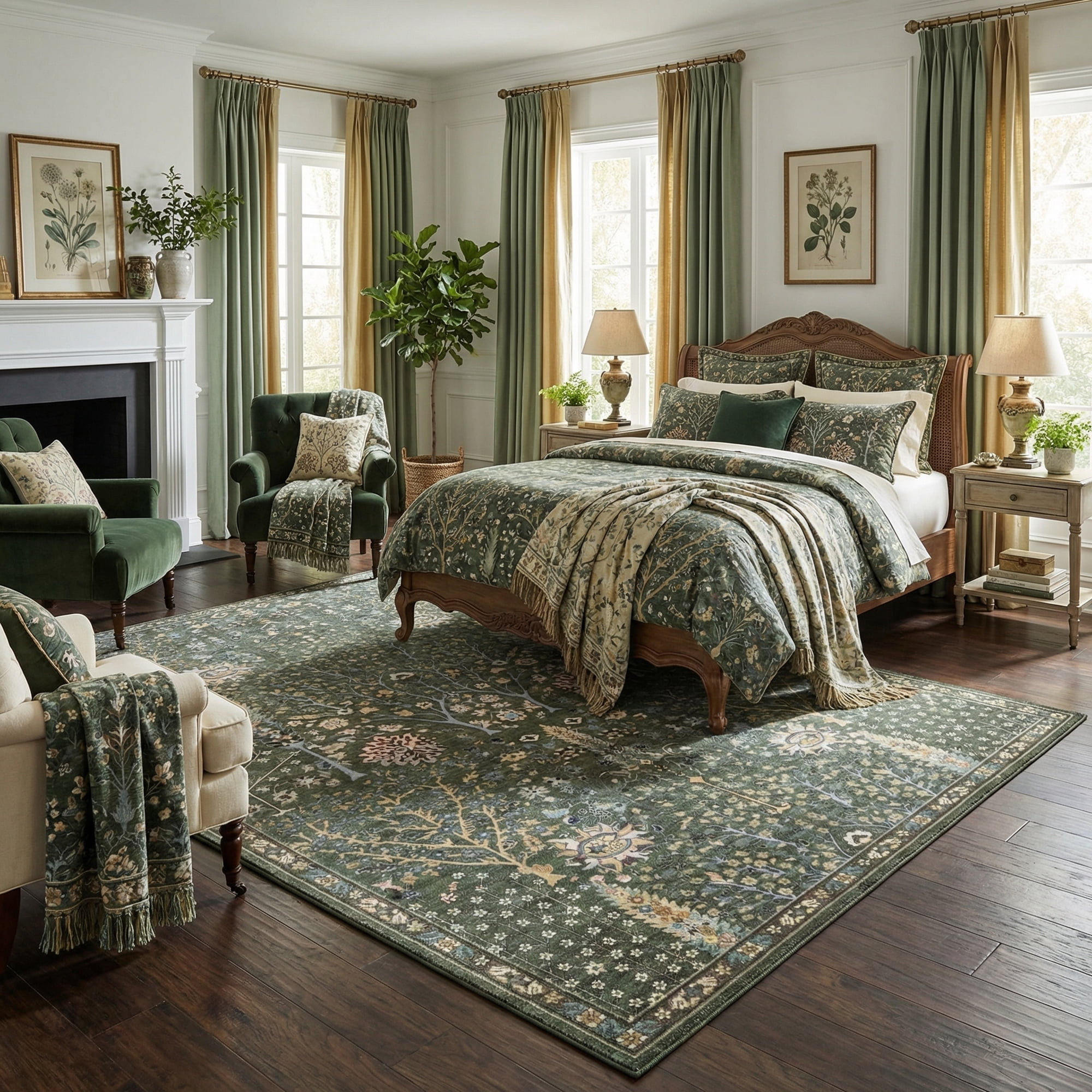 Washable Oriental Rug, 6x9 Sage green Boho Botanical Floral Vintage Carpet, Soft Large Indoor Rug for Living Room, Bedroom, Office, Playroom