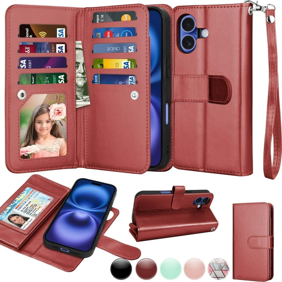 Wallet Case for Apple iPhone 17 Wallet Case 6.3" 5G (2025), [9 Card Slots] Luxury PU Leather Credit Holder Carrying Folio Flip [Detachable] Kickstand Magnetic Phone Cover & Lanyard [Wine]