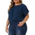 thumbnail image 4 of Agnes Orinda Women's Plus Size Tops Chiffon Swiss Dots Short Sleeves Lace Crochet Pleated Blouse 1X Dark Blue, 4 of 6