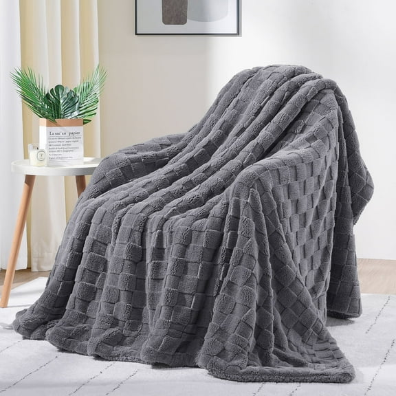 Anjee Reversible Fleece & Sherpa Blanket Gray 50"x60", Cloud-Like Soft Winter Blankets for Couch, Bedroom, Thick Checkered Jacquard Ultra-Warm Blanket
