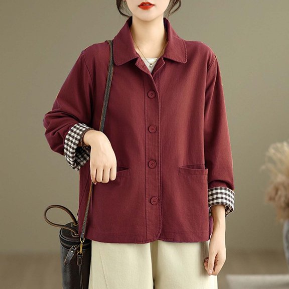 Jacket for Women Fall Fashion Lightweight Long Sleeve Button down Coats Outerwear with Pockets New Oversized Outerwear Jackets Red XL
