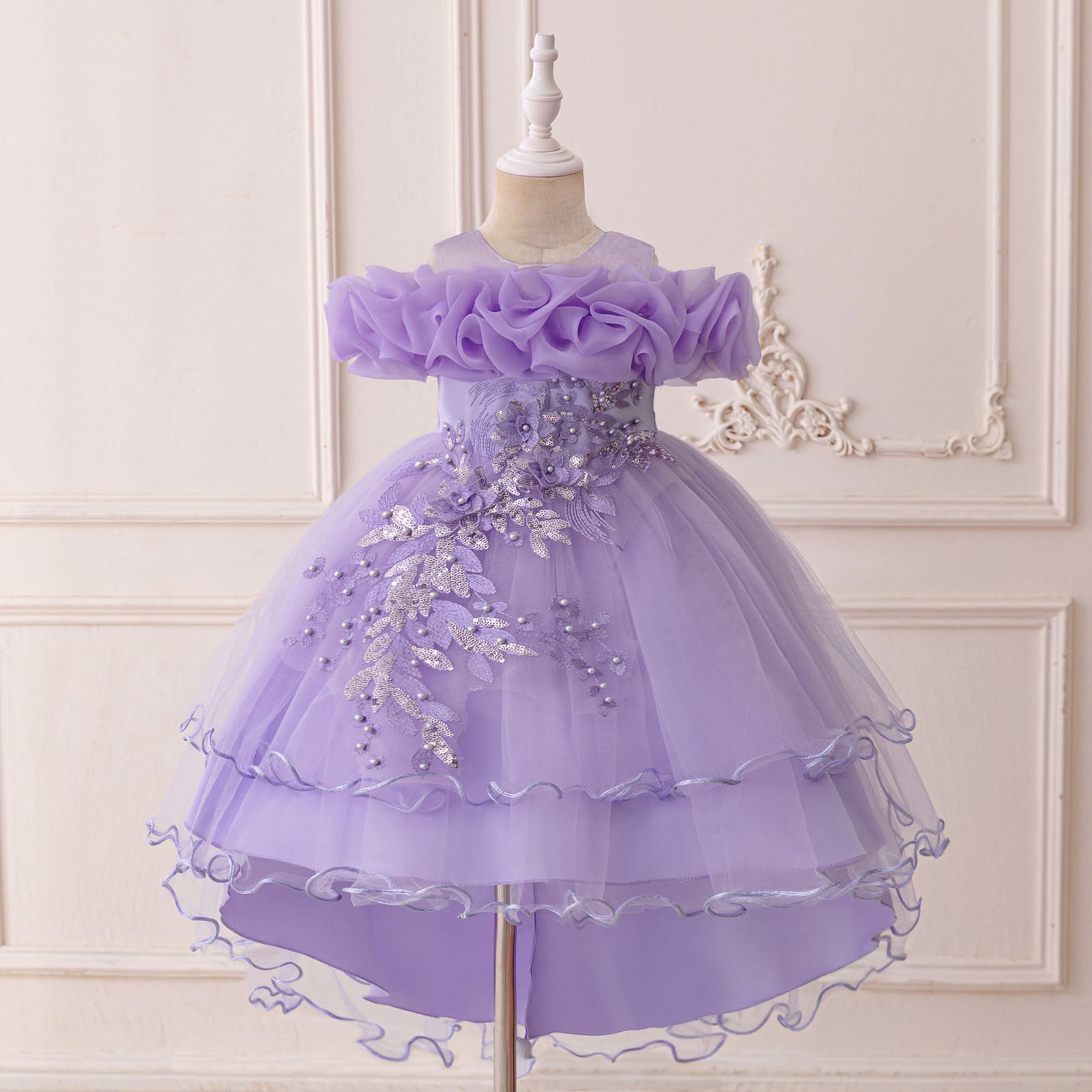 Dress for Girls Satin Girl Dress with Puffed Sleeves for Birthday Party Christening