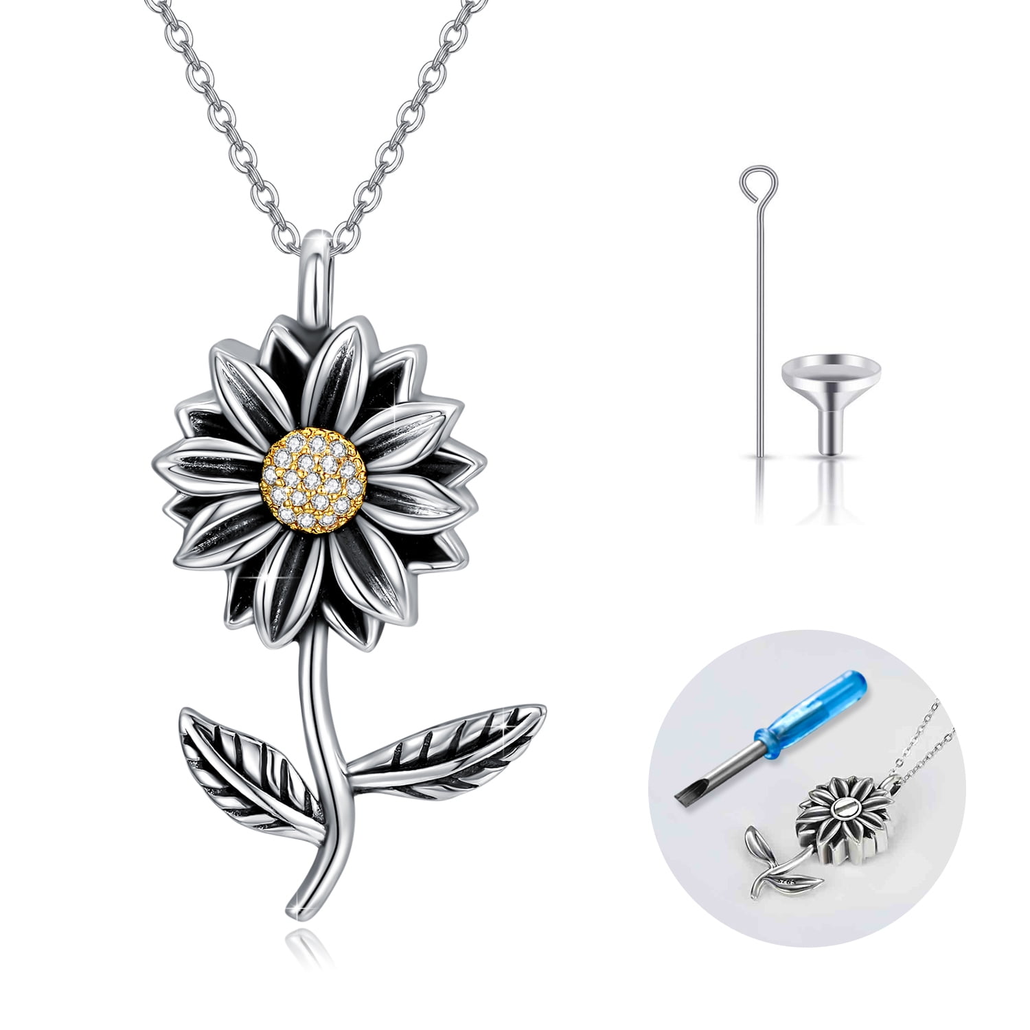 AOVEAO Sunflower Urn Necklace 925 Sterling Silver Urn for Ashes Pendant Necklaces with 18+2'' Chain for Women Memorial Keepsake Jewelry Gift for Dog Cat Pet Grandma Grandpa