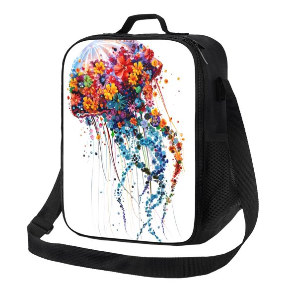Vsdgher Colorful Floral Jellyfish Pattern Reusable Lunch Box, Insulated Lunch Bag Thickened Thermal Leakproof Lunch Tote Bag for Adult Office & Travel Picnic