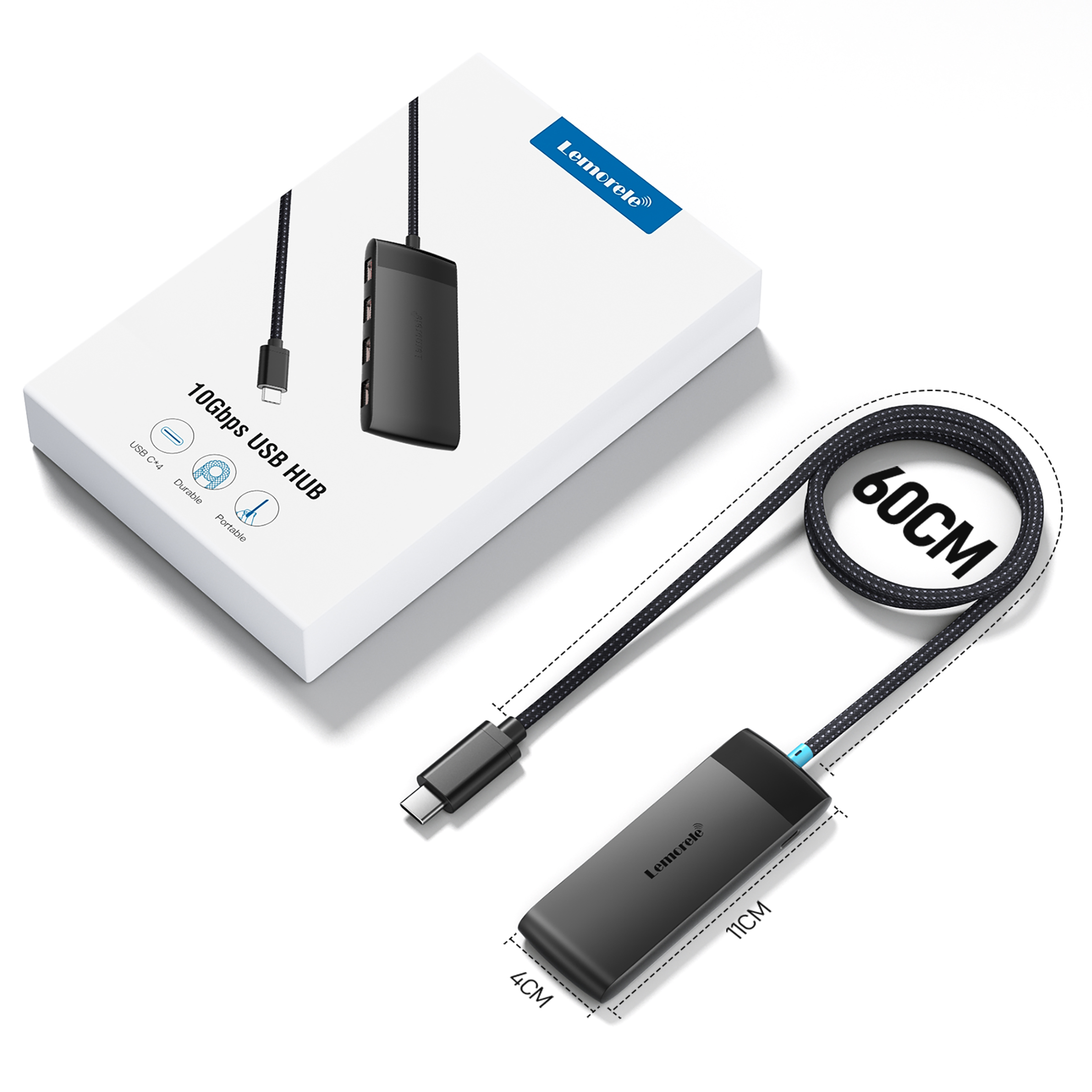 Lemorele 5-in-1 USB C Hub, 4 USB Type-A 3.2 Gen 2  10Gbps, USB Adapter Plug and Play,60CM Cable Length