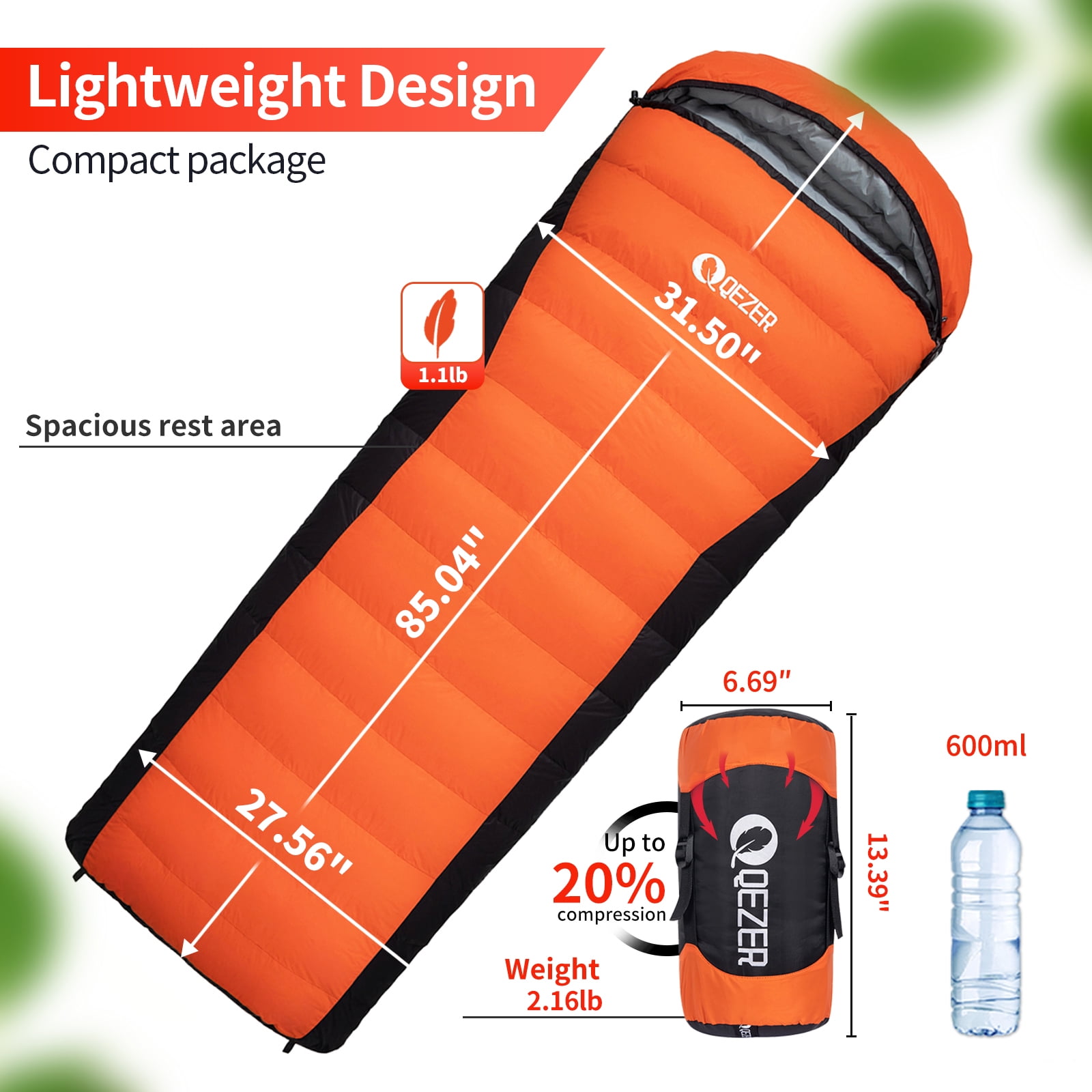 QEZER Adult 3-Season (40℉-53℉) Portable Ultralight Down Sleeping Bag for Camping, Hiking & Backpacking