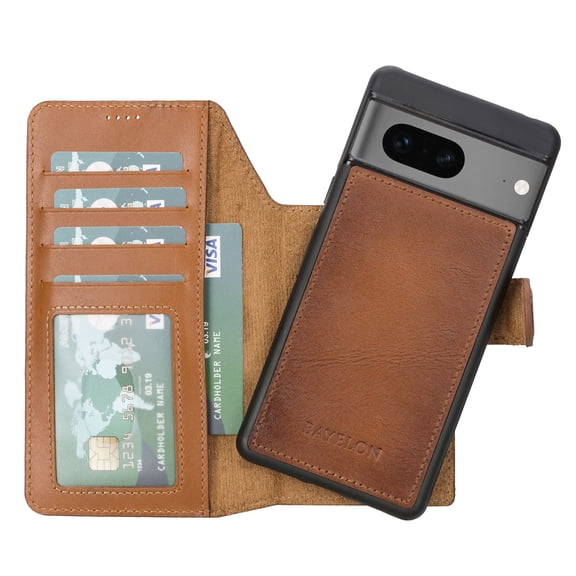 Bayelon Google Pixel 7 Case, Full Grain Leather Wallet Case, [2in1], Detachable Magnetic Flip Cover with Card Slots, Kickstand, Google Pixel 7 Case Compatible with Wireless Charge (Rustic Tan)