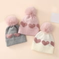 thumbnail image 4 of Winter Children Hat Heart Print Color Matching Plush Ball Decor Soft Thick Knitted Elastic Anti-slip Ear Protection Warm Windproof Unisex Beanie, 4 of 8