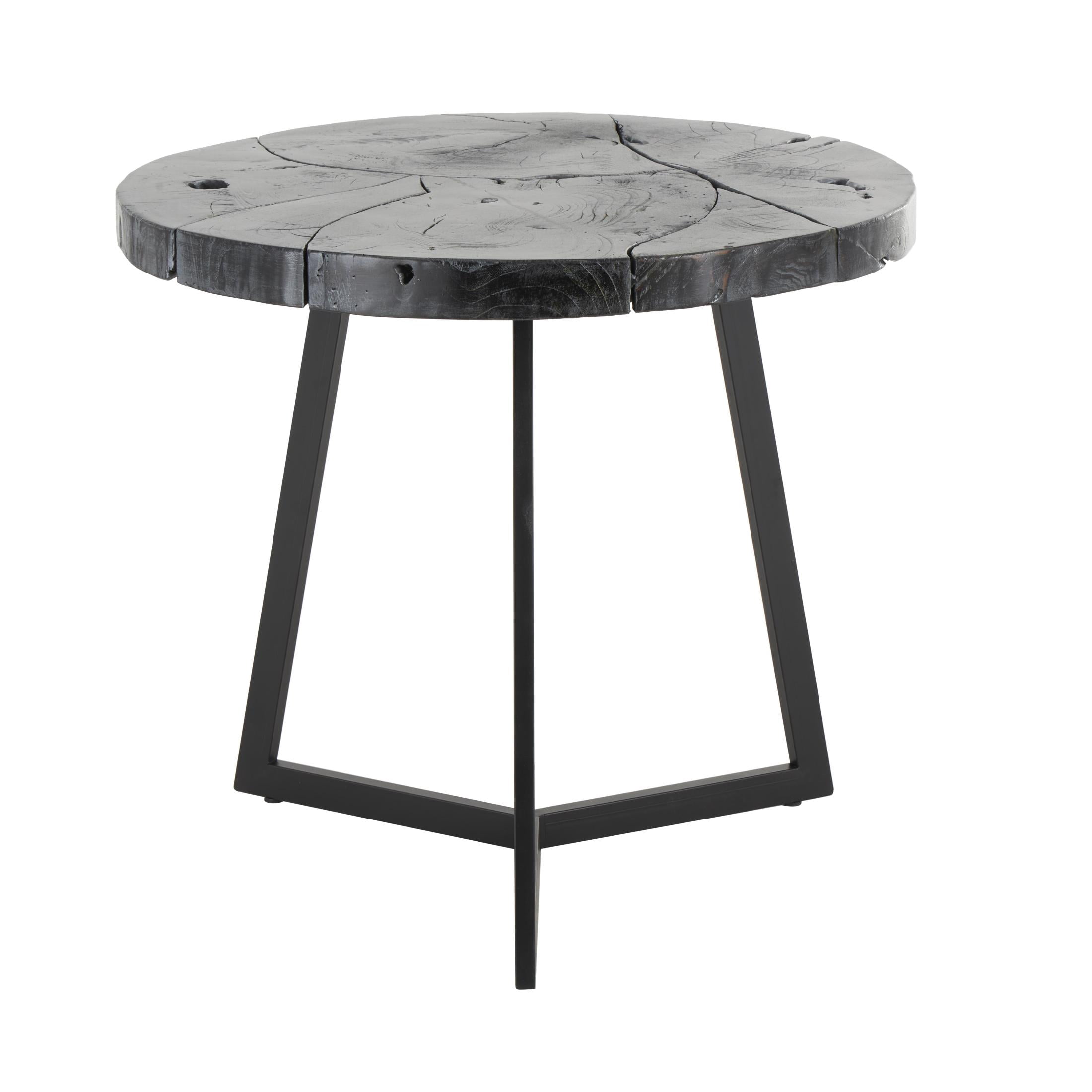 DecMode 24" x 22" Black Teak Wood Handmade Live Edge Geometric Accent Table with Black Metal Base, 1-Piece