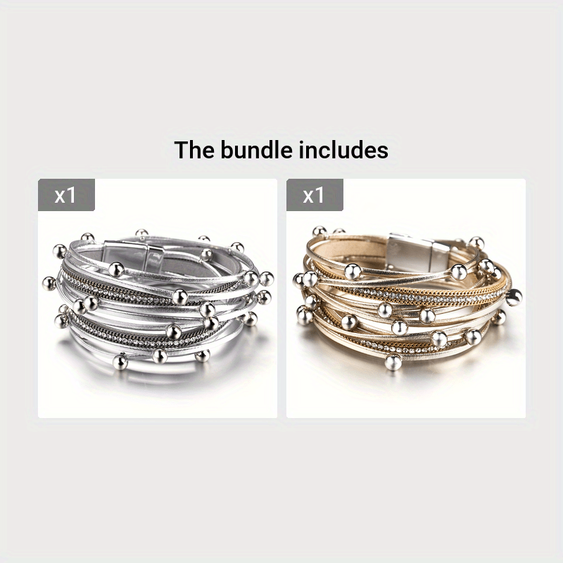 1pc Multi-Layered Leather Bracelet for Men Women, Stylish Design Double Wrap Long Bracelet with Rhinestones, Party Jewelry, Gifts for Home Girlfriend Boyfriend, Bracelets for Couples