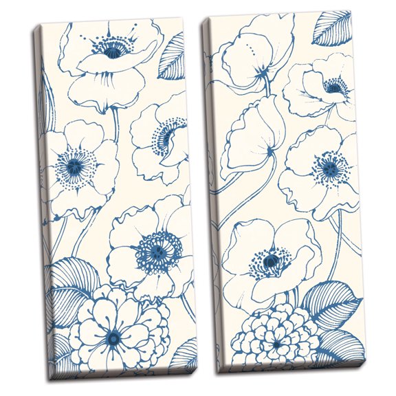 Gango Home Decor Shabby-Chic Pen and Ink Flowers on cream Panel II & III by Wild Apple Portfolio (Ready to Hang); Two 12x24in Hand-Stretched Canvases