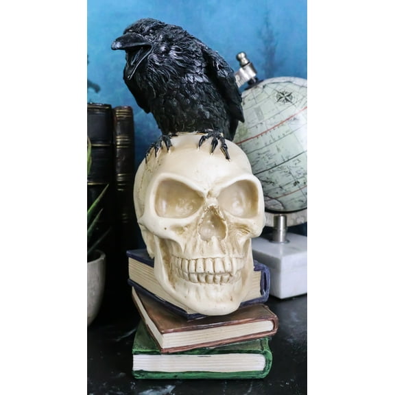 Raven Crow Perching On Skull With Ancient Spell Books Of Prophecy Figurine