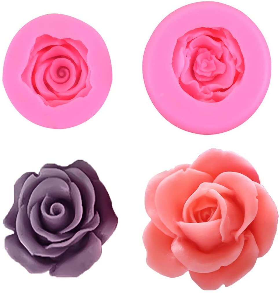 3D Rose Fondant Silicone Molds,2Pcs Bloom Flowers Chololate Molds for Cupcake Topper Cake Decorations,Soap Clay Resin Molds for DIY Craft Making 