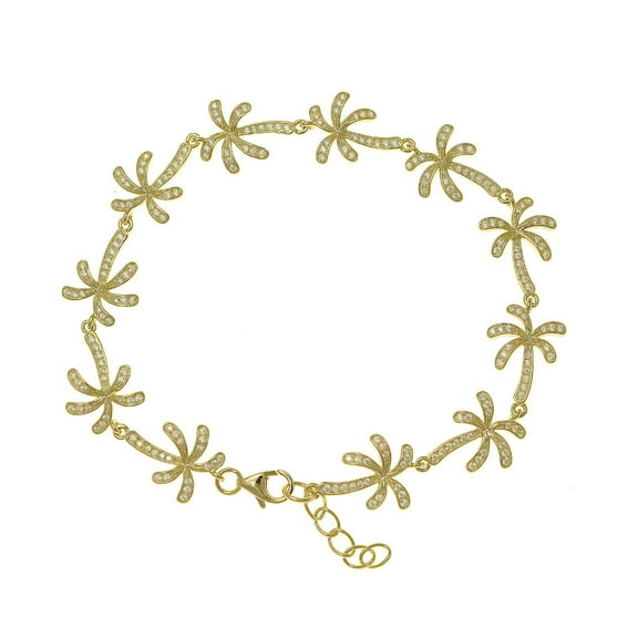925 solid sterling silver yellow gold plated Hawaiian palm tree cz link bracelet 7.5"