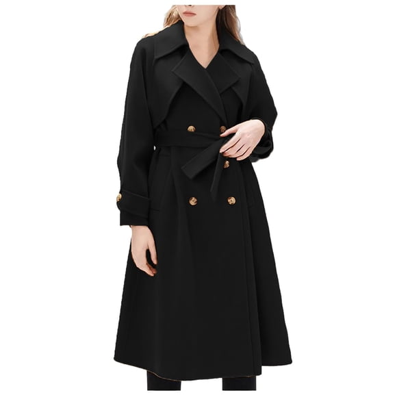 Women Woolen Coat Long Cape DoubleBreasted Hooded Wool Coat Casual A-Line Wool Trench Coat Peacoat with Belt