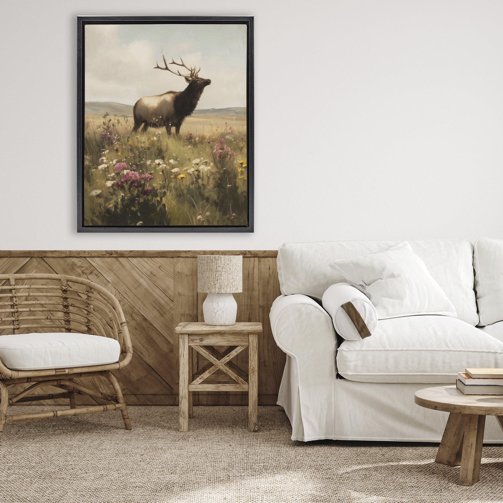 Stupell Industries Elk in the Wildflower Meadow Black Framed Floater Canvas Wall Art, design by Arlington Prints