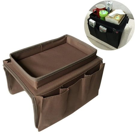 Leather Remote Control Organizer Sofa Armrest Organizer with 4 Pockets and Cup Holder Tray Couch Armchair Hanging Storage Bag for TV Remote Control Cellphone Magazine Drinks Snacks (Coffee) ()