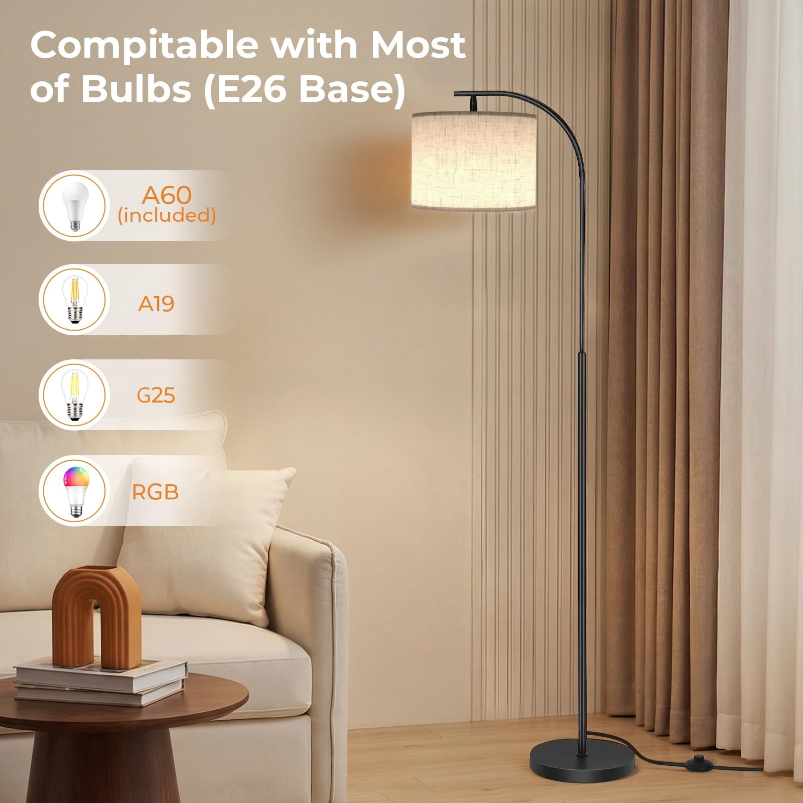 Beige Linen Shade Arc Dimmable Tall Standing Floor Lamp For Reading Living Room Bedroom Office