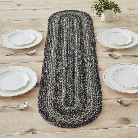 

VHC Brands Sawyer Mill Black Farmhouse 12 x48 Table Runner Textured Jute Striped Oval Kitchen Table Decor