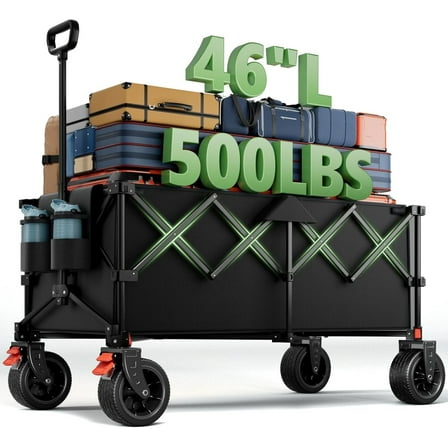 Foldable, extended-length utility cart with all-terrain beach wheels and a beverage holder; available in black.