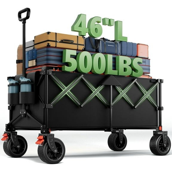 Foldable, extended-length utility cart with all-terrain beach wheels and a beverage holder; available in black.