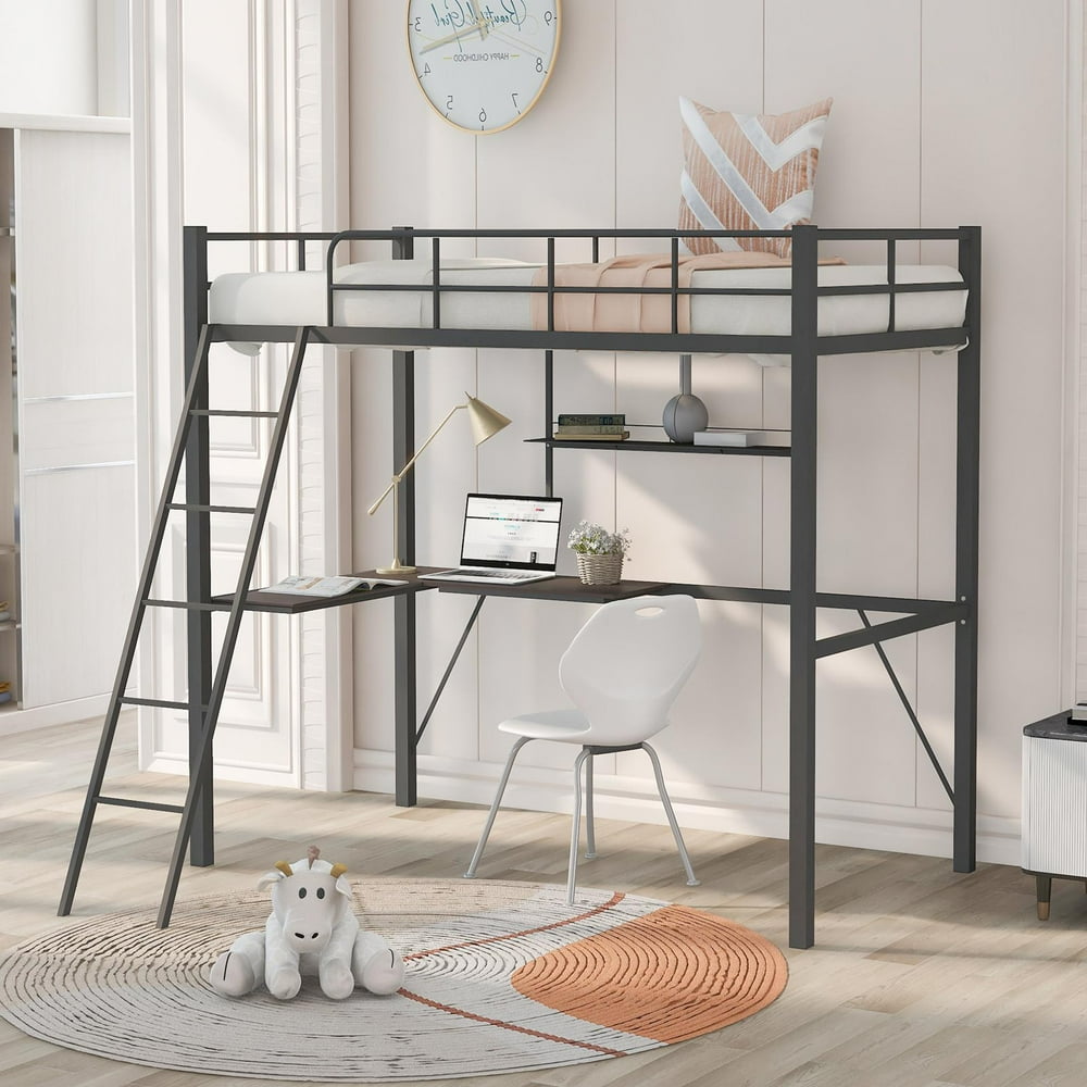 Metal Loft Bed with Desk and Shelf, Twin Size,78.6x41.8x71.9, Gray