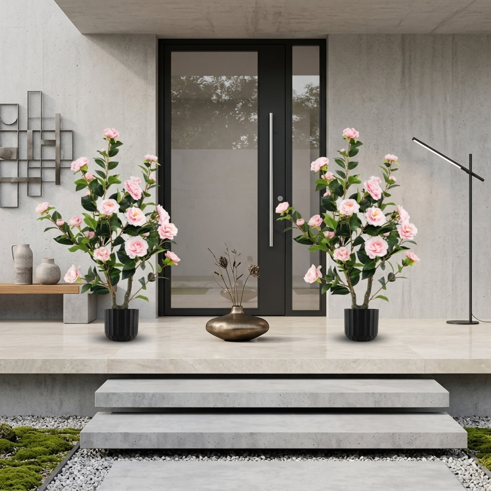 Vebreda Artificial Plant Decor, 38 Inch Artificial Camellia Tree Faux Flower Plant in Cement Pot, Gorgeous and Vivid Appearance