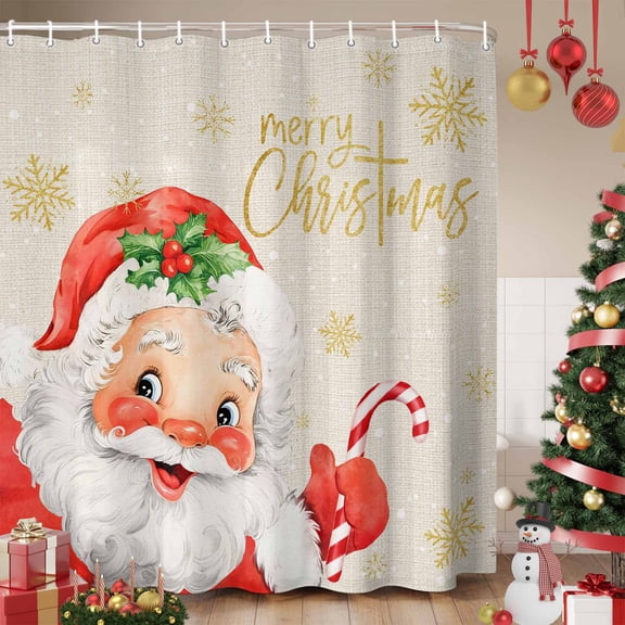 Red Santa Christmas Shower Curtain, Xmas Snowflake Rustic Waterproof Fabric Shower Curtains with 12 Hooks, Bathroom Curtain Set for Bathroom Accessories Decor, 72 x 72 Inches