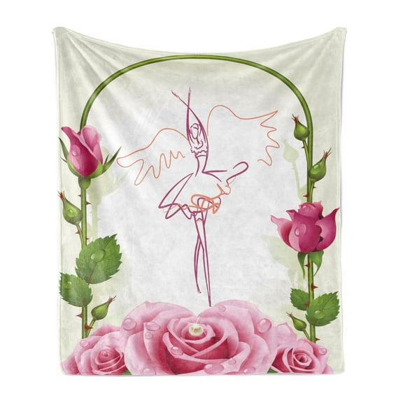 Feminine Soft Flannel Fleece Blanket, Dancing Ballerina Line Art Drawing with Wings and Tutu on Roses Bloom, Cozy Plush for Indoor and Outdoor Use, 50" x 60", Pink Green Grey Yellow, by Ambesonne