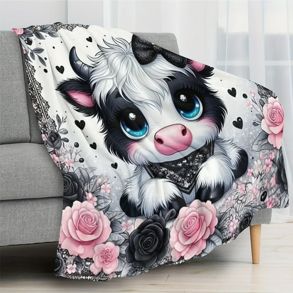 Warm Gift Black Lace Highland Cow And Roses Cute Fun Print Flannel Blanket Soft Warm Cozy Blanket for Sofa Bed Car Camping Office Home Decor Gift Blanket for All Seasons