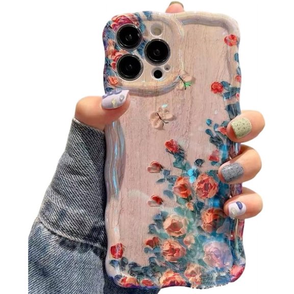 Compatible with iPhone Case,Cute Laser Flower Floral Wavy Curly Water Ripple Bumper Silicone [Military Drop&Camera Lens Protection] Shockproof Cover Phone Case (Pink,iPhone 14 Pro)