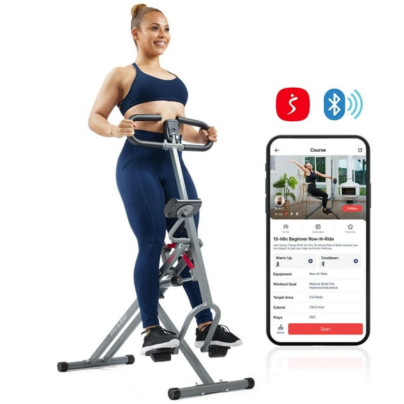 Sunny Health & Fitness Row-N-Ride Pro-Smart Squat Assist Trainer Full Body Fitness Machine, Easy Setup Rower, Glute & Leg Cardio Workout, Included SunnyFit App Connection - SF-A023053