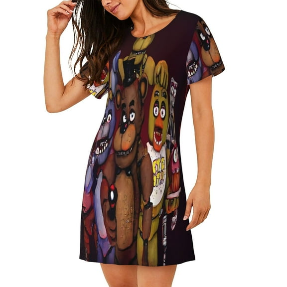 Saiise Women's Nightgown Sleepwear,Short Sleeve Pajama Dress,Five Nights At Freddy'S Print Loungewear for Home and Sleep