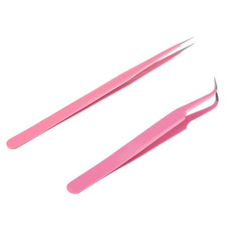 2Pcs/set Stainless Steel Pink Straight/Curved Nail Tweezers Nippers Tools Eyelash Extension Tweezers Pointed Clip Makeup