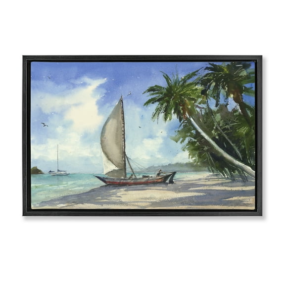 Stupell Industries High & Dry Boat on Shore Nautical & Beach Painting Black Floater Framed Canvas Art Print Wall Art, 25 x 17