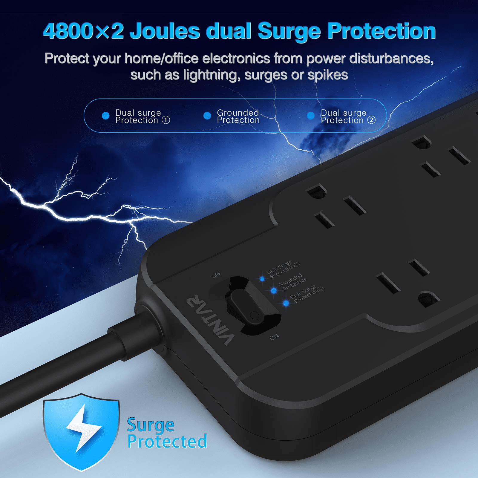 VINTAR 12 Outlets Power Strip Surge Protector with Dual Surge Protection, 6ft Long Extension Cord, 2 × 4800 Joules, 1875W, Black