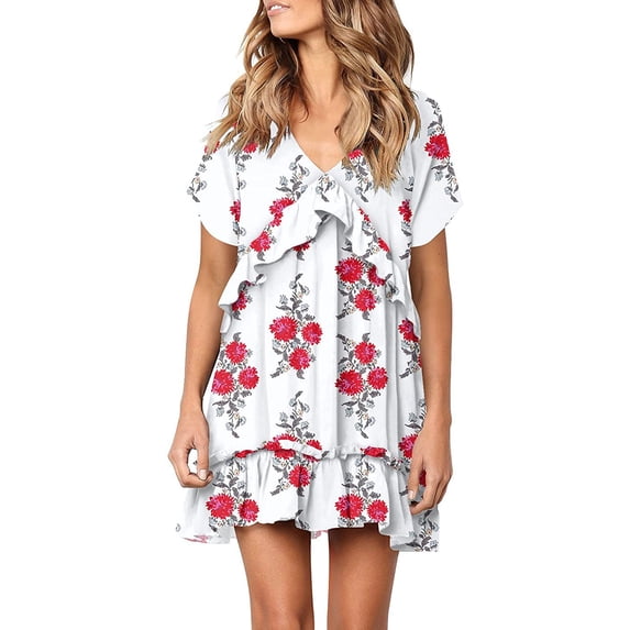 DYMADE Women Plus Size Short Sleeve Deep V Printed Ruffle Sexy Dress