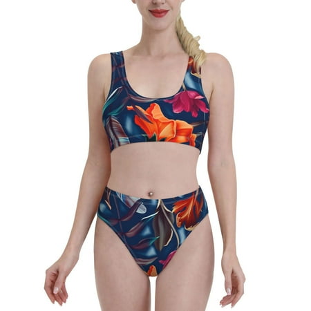 Bixox Tropical Flower Pattern Two-Piece Sports Bikini with U-Shaped Top and High-Waist Bottom - Women s Swimwear with Removable Bra Pads