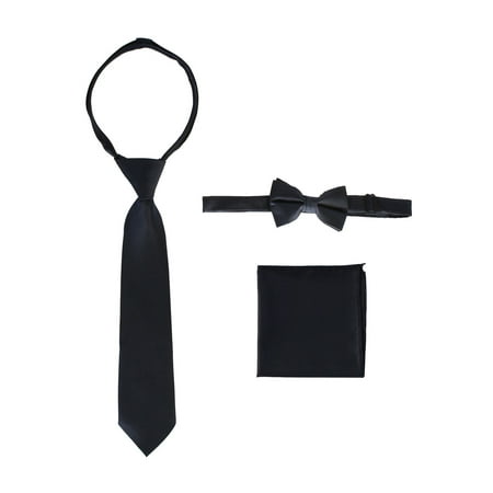 Bow Tie Pocket - Gioberti Boys Navy Solid Zipper Necktie Bow Tie Pocket Square 3 Pc Set