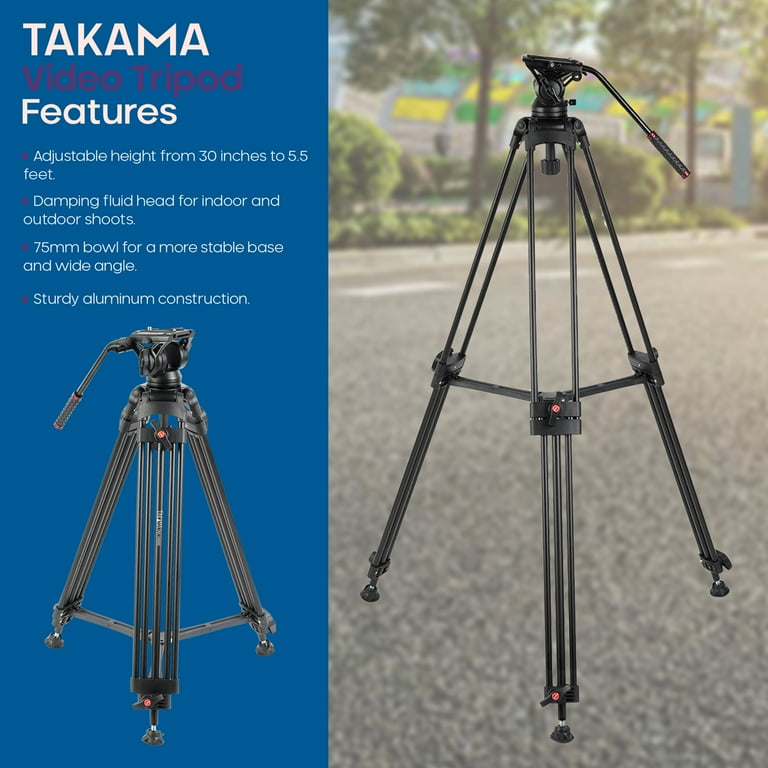 Takama 66 Inch Video Tripod With Fluid Head - 3 Section Aluminum Tripod For Cameras Up To 10 Lbs
