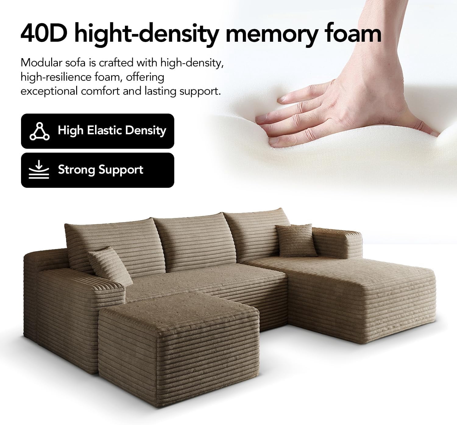 103" Cloud Sectional Sofa, Modern L Shaped Deep Seat Couch, Plush Corduroy Upholstered Sofa No Assembly, Living Room
