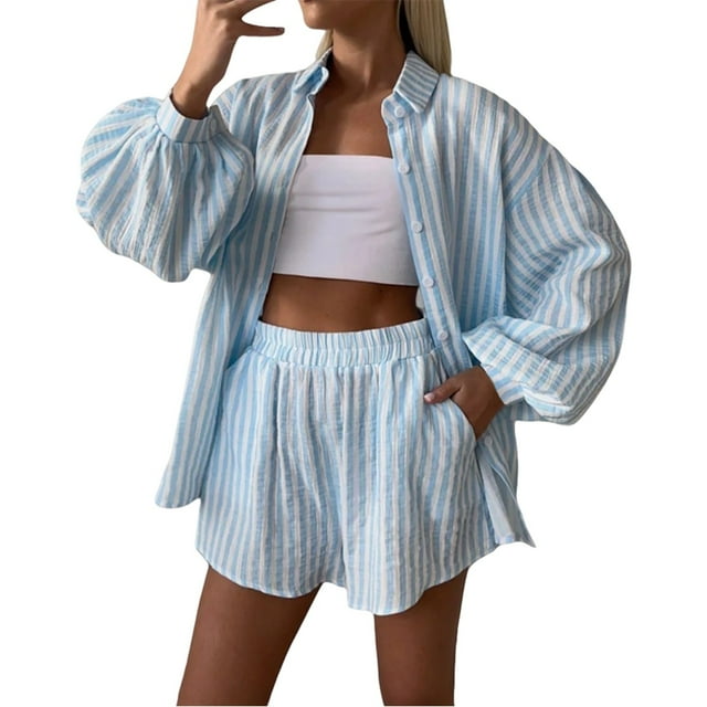 SHIXIAOO Ensemble Décontracté à Rayures pour Femmes à Manches Longues avec Short pour le Printemps et l'Automne Tenue Confortable avec Design Short Ensemble Femmes Pantalon Garçon Maillot de Bain Femmes Paréo Maillots de Bain Couvre-Maillot Grande Taille