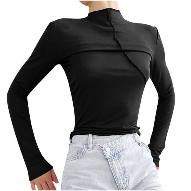 Camisetas de cuello alto de manga larga de color sólido para mujer Pompotops gfhjh21107