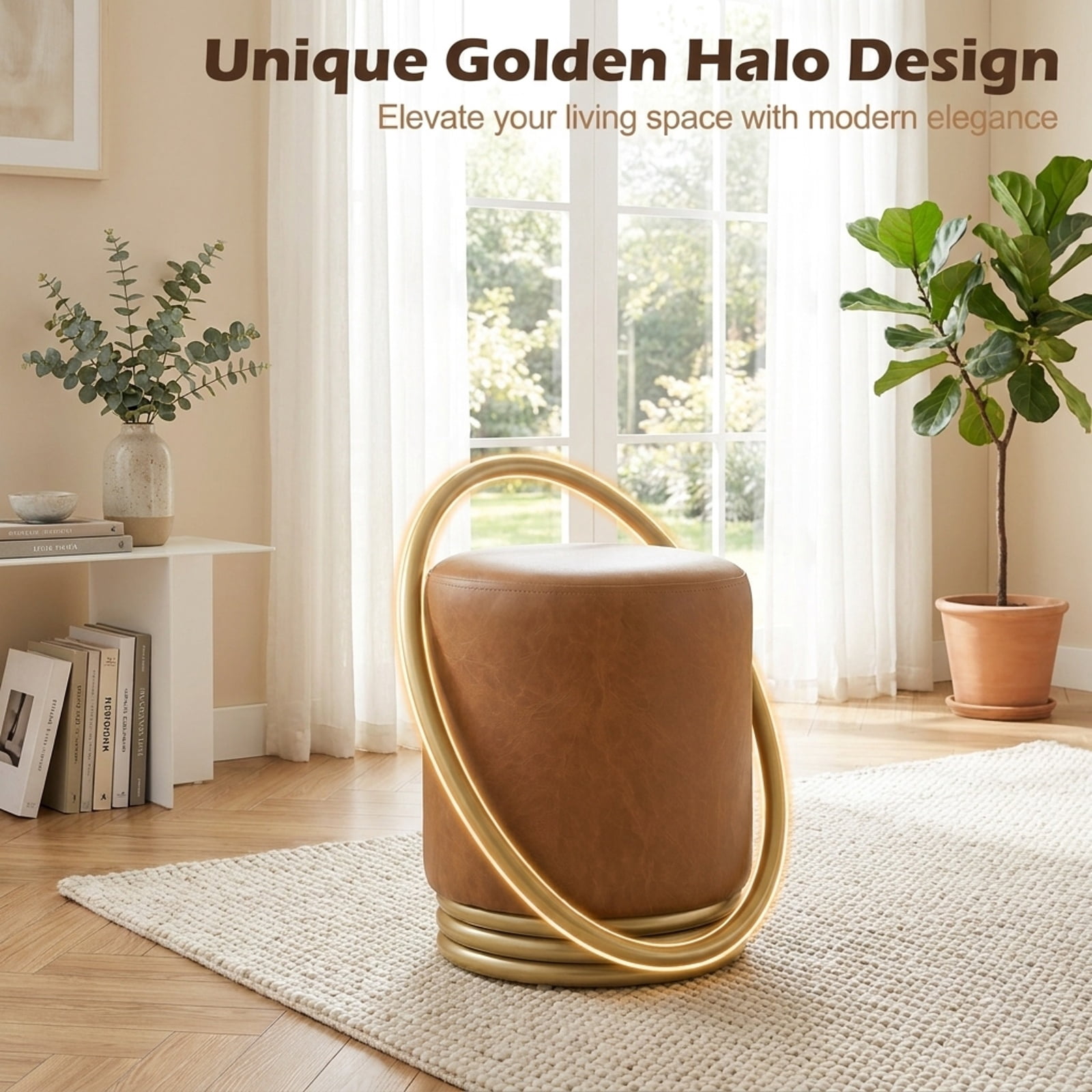 Furnibear Round Vanity Stool with Faux Leather Upholstery and Gold Halo Frame for Makeup Bedroom and Small Space Backless Seating, Yellow
