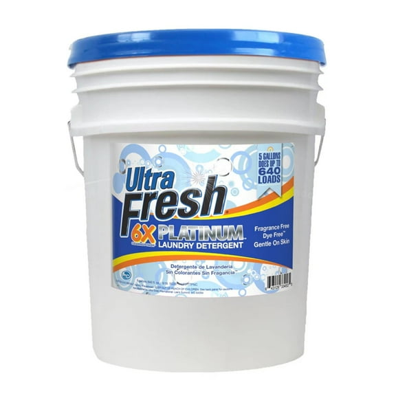 Ultra Fresh 6X Platinum Laundry Detergent, 640 Loads, Fragrance Free Dye Free, 5 Gallon