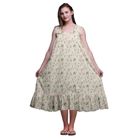 

Bimba Pale Pink Floral Leaves & White Flower Printed Cotton Nightgowns For Women Sleeveless Gown Sleepwear Maxi Dress Medium