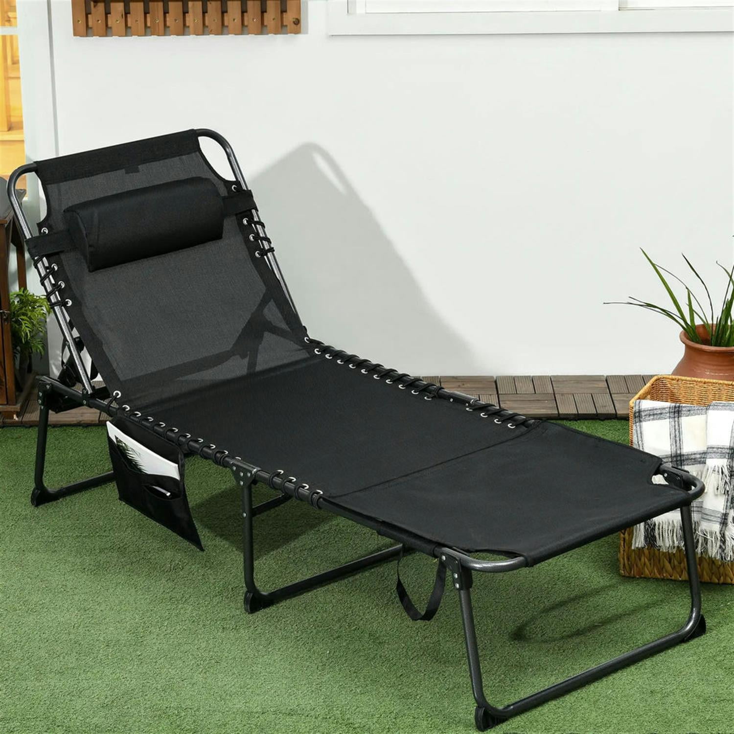 Demi Bonn Outdoor Folding Chaise Lounger with 5-Position Reclining, Built-in Reading Grommet, Side Storage, Pillow Relaxation for Sunbathing, Black