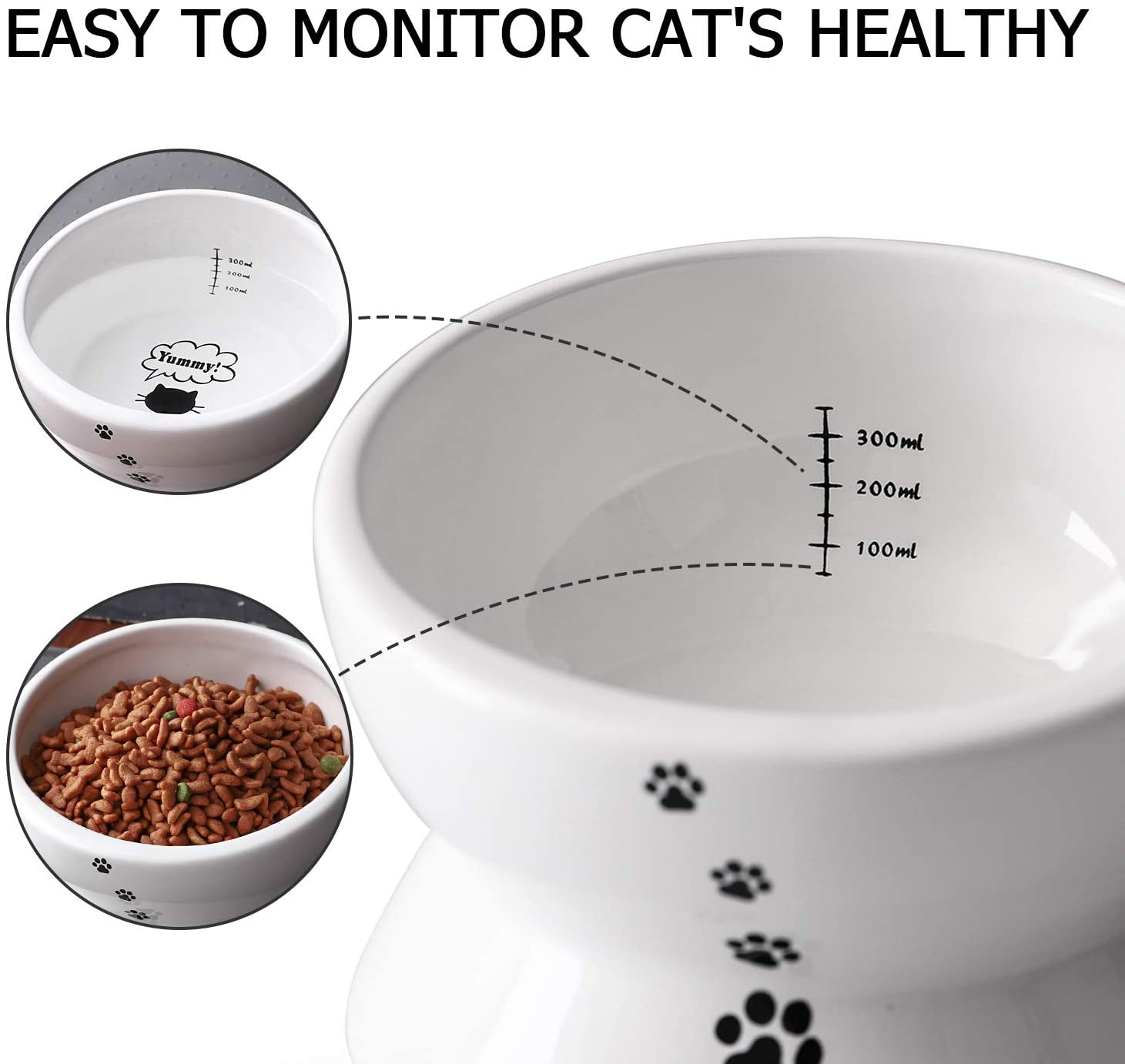 Elevated Cat Food Bowl, Raised Food and Water Bowl for Cat and Small Dog, Tilted Ceramic Water Bowls No Spill,15oz, Dishwasher Safe