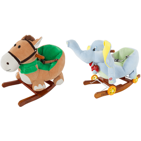 Rocking Horse Plush Animal 2-in-1 Wooden Rockers; Wheels, Seat AND Seat Belt and Sounds, Ride on Toy for Babies 1-3 Years, by Happy